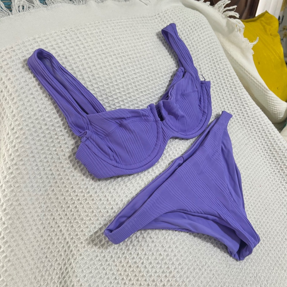 L*Space Two Piece Bikini Swimsuit Purple Ribbed Bra Top Beach Pool Med L Space - Picture 13 of 14